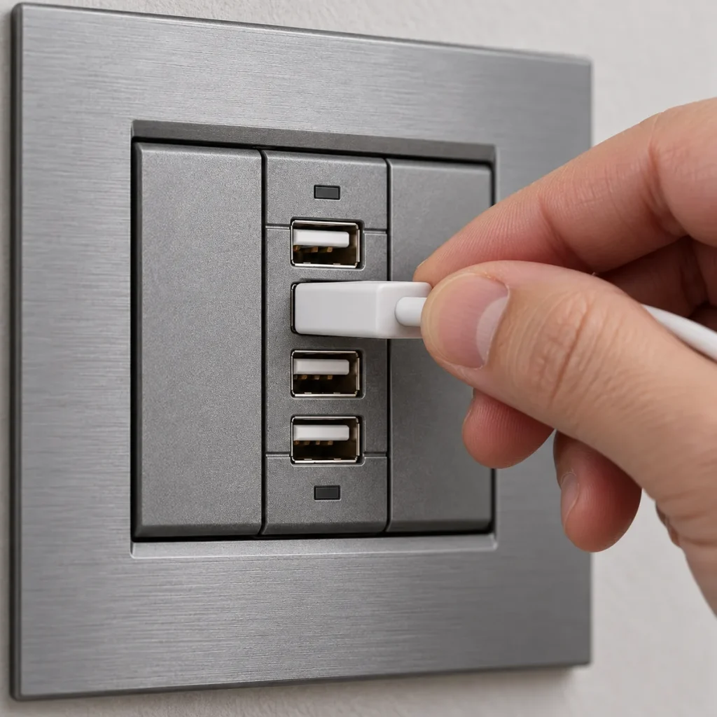 Dettaglio di un cavo USB-A inserito in una delle quattro porte di i-socket