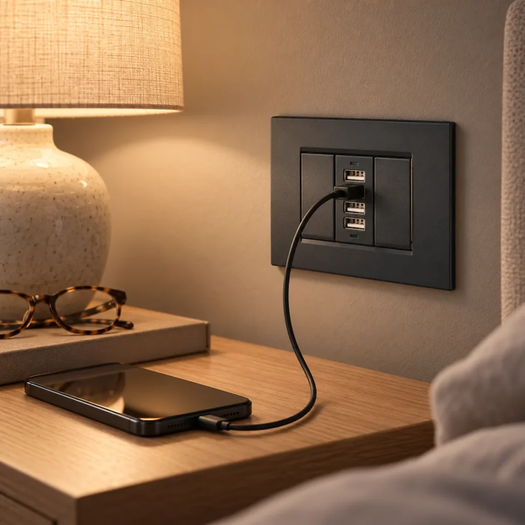 i-socket nero sopra il comodino che ricarica smartphone e auricolari