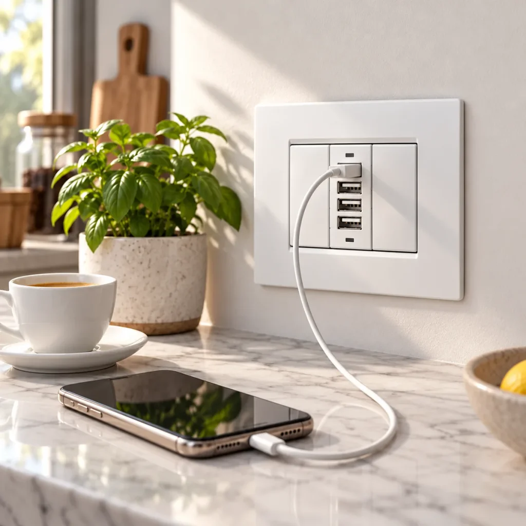 i-socket bianco installato in cucina mentre ricarica uno smartphone