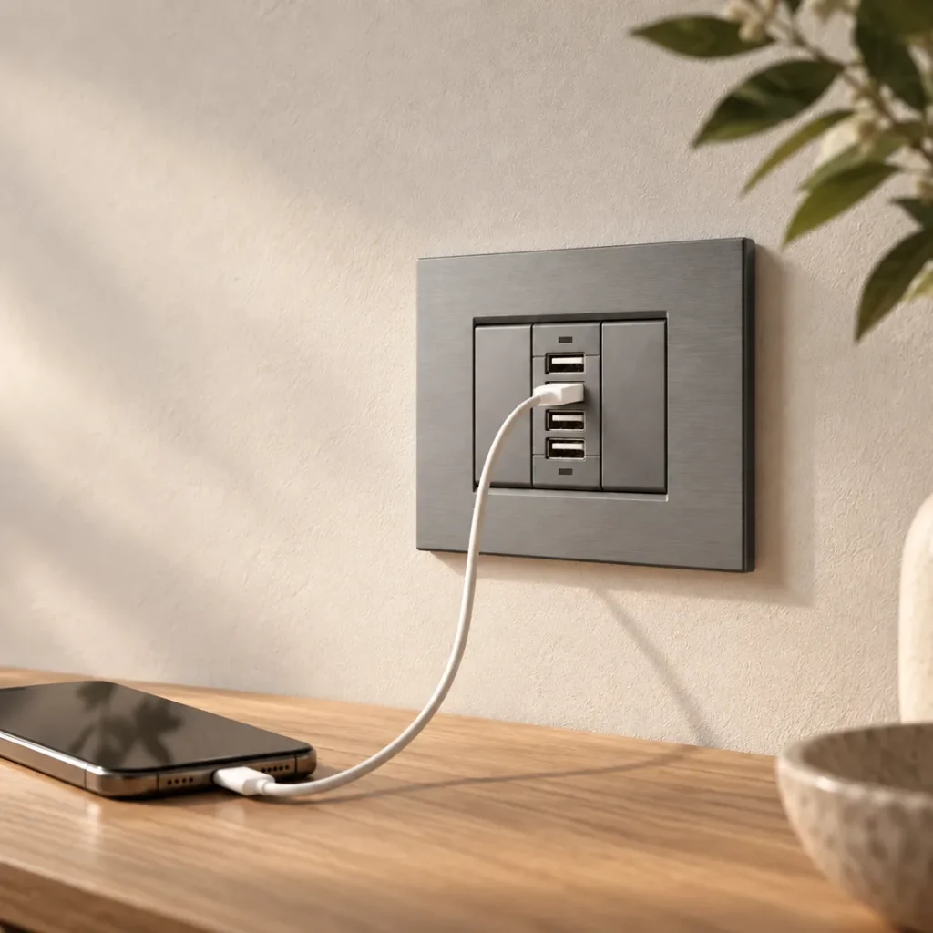 i-socket in alluminio installato in soggiorno mentre ricarica uno smartphone
