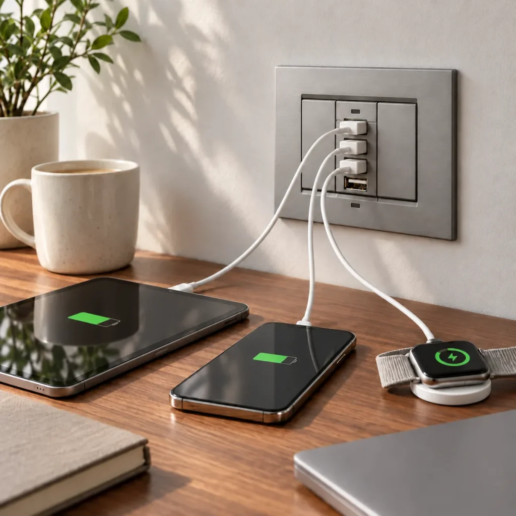 Tablet, smartphone e smartwatch in ricarica insieme da una presa i-socket in ufficio