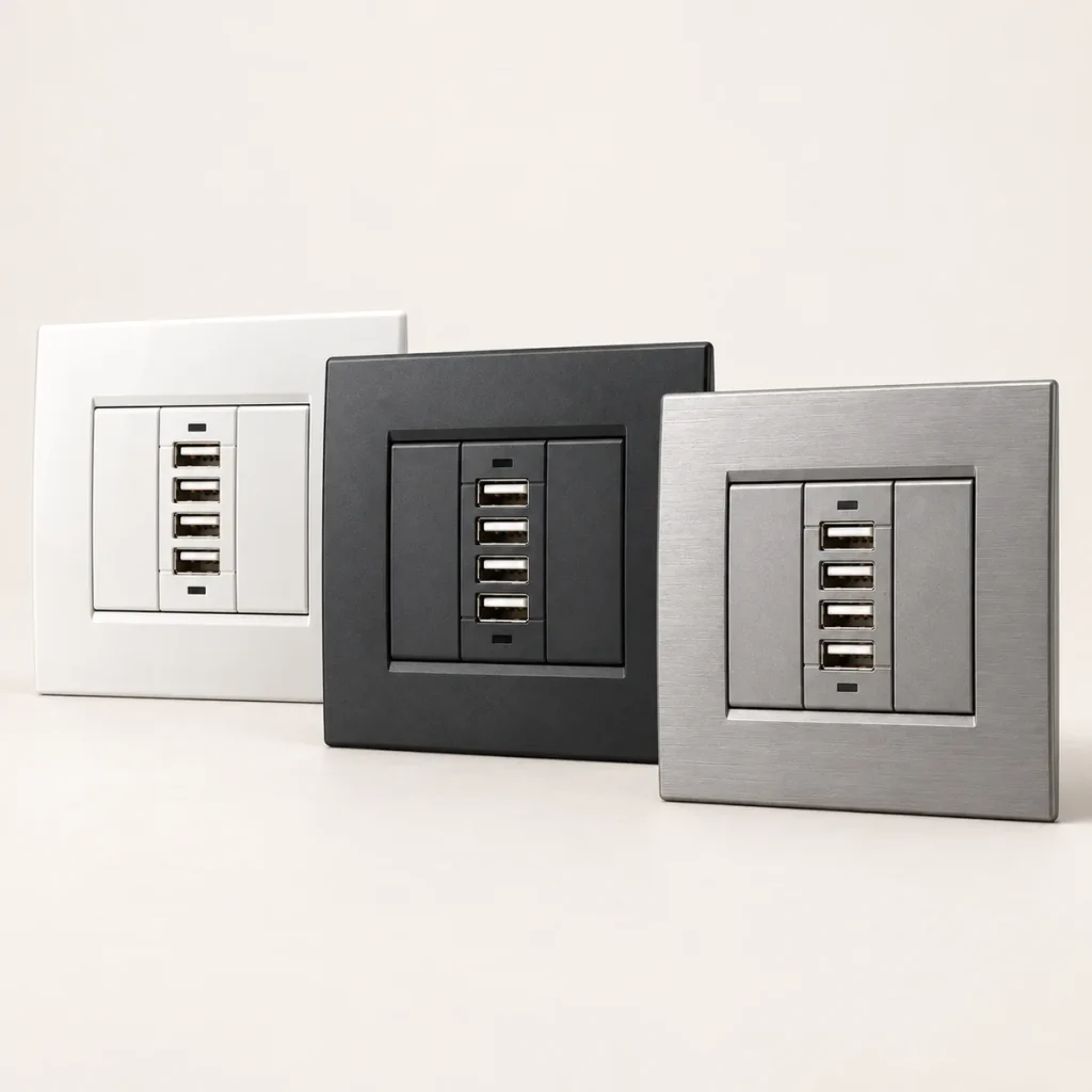 i-socket nelle tre finiture: Living Light bianca, Living nera e Living Tech alluminio